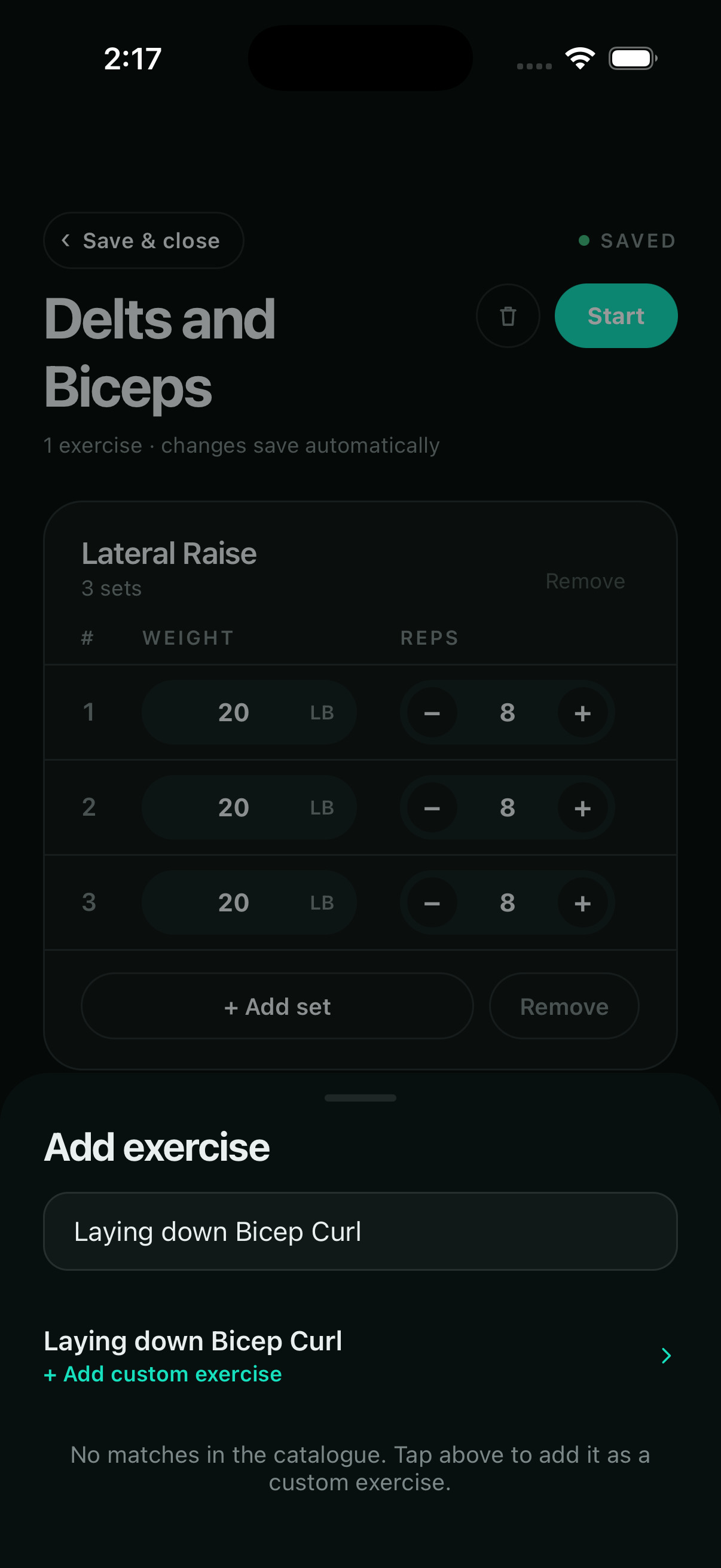 Workout builder with custom exercises