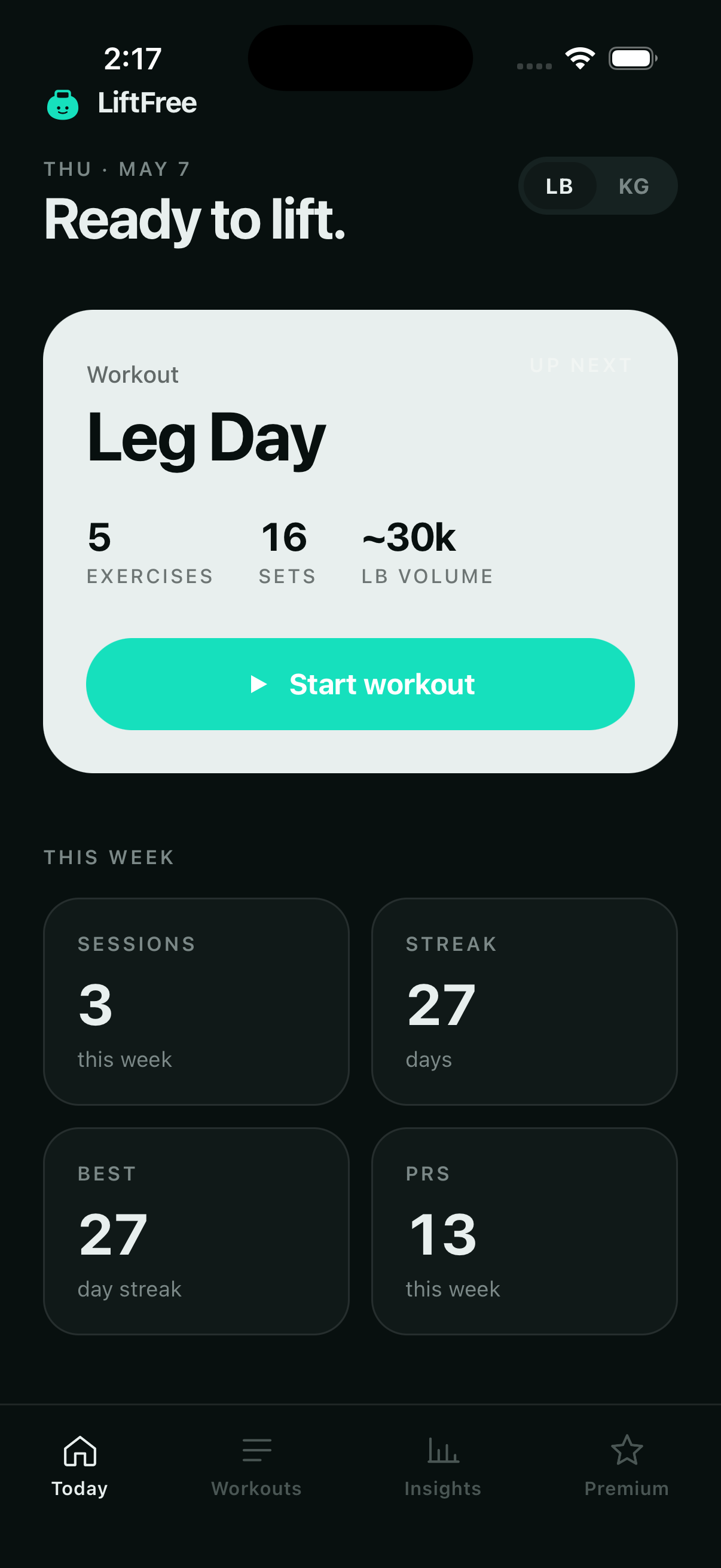 LiftFree Today screen showing workout stats and streaks